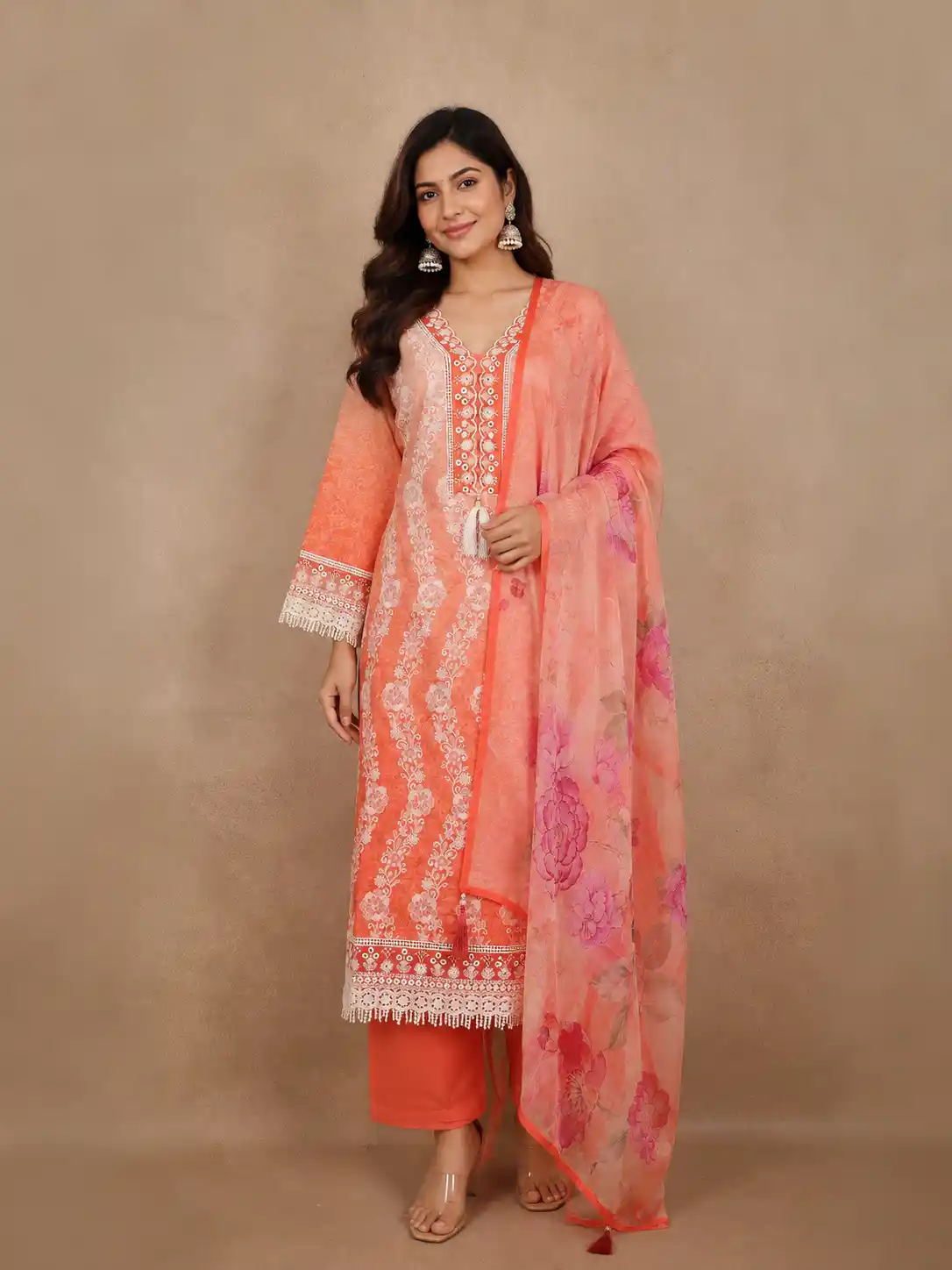 Peach Floral Embroidered Design Cotton Straight Cut Salwar Suit